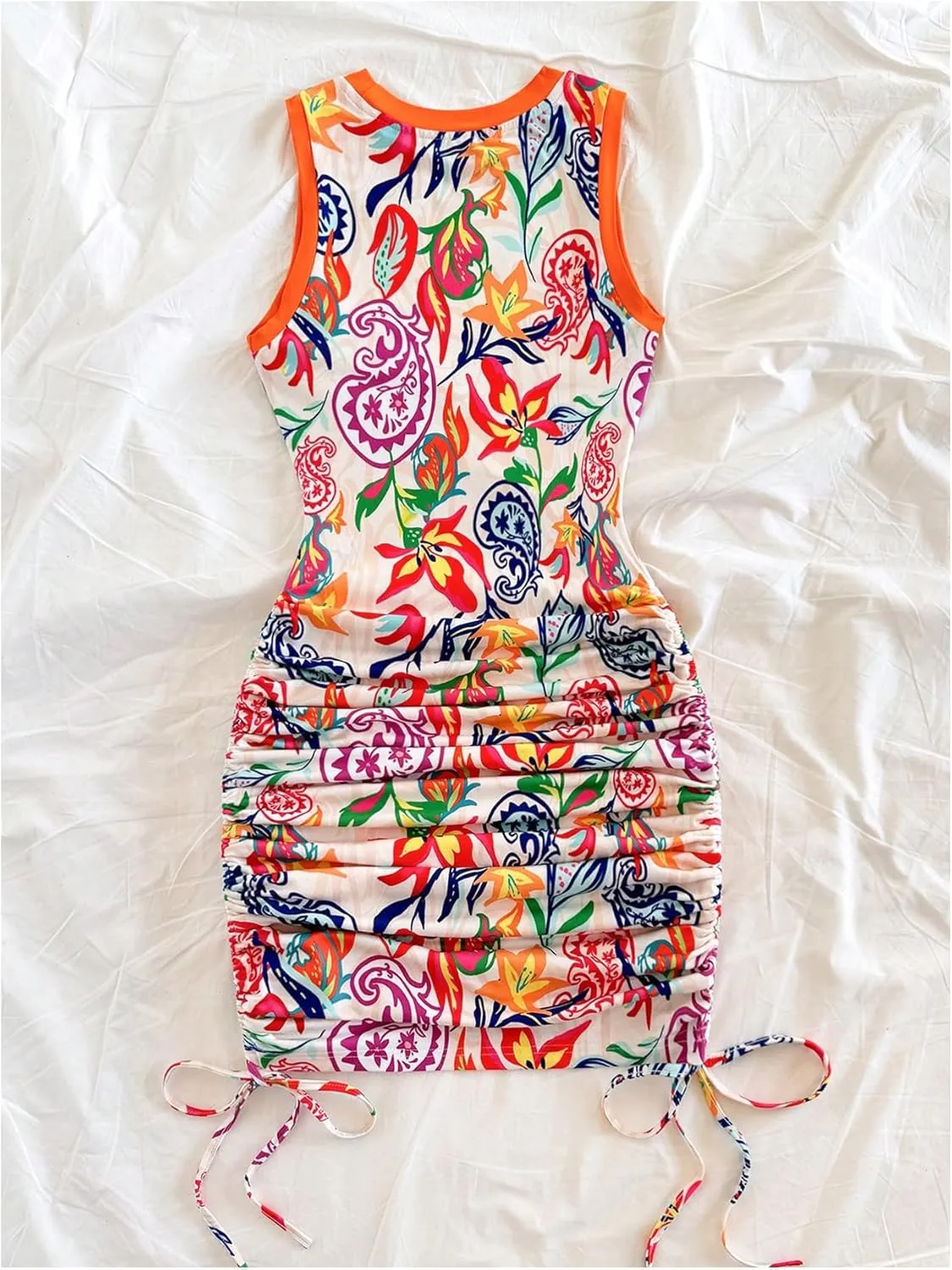 SOLY HUX Women's Summer Bodycon Mini Dresses Floral Print Ruched Sleeveless Vacation Beach Tank Dress