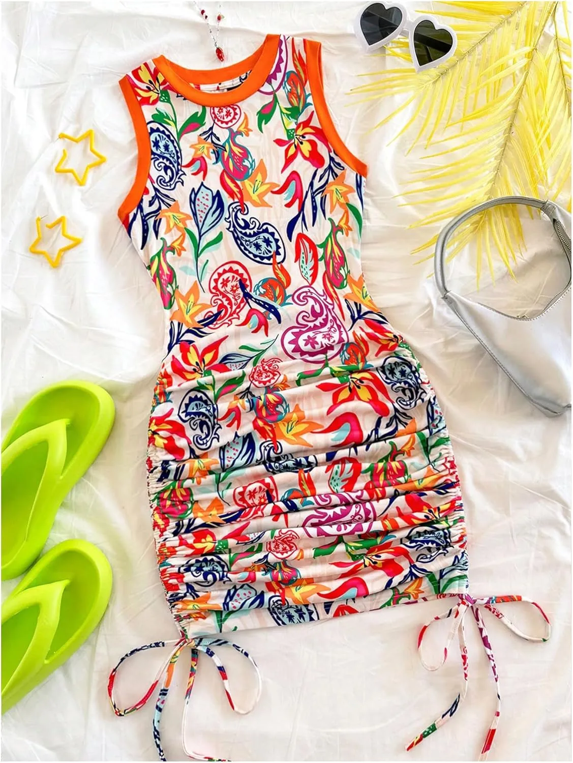 SOLY HUX Women's Summer Bodycon Mini Dresses Floral Print Ruched Sleeveless Vacation Beach Tank Dress