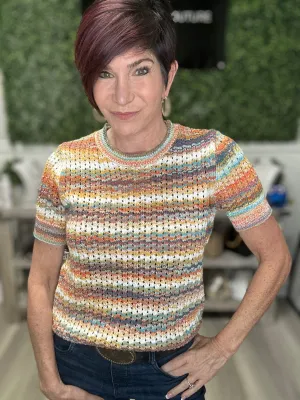 Space Dye Cable Crew Neck Short Sleeve Sweater