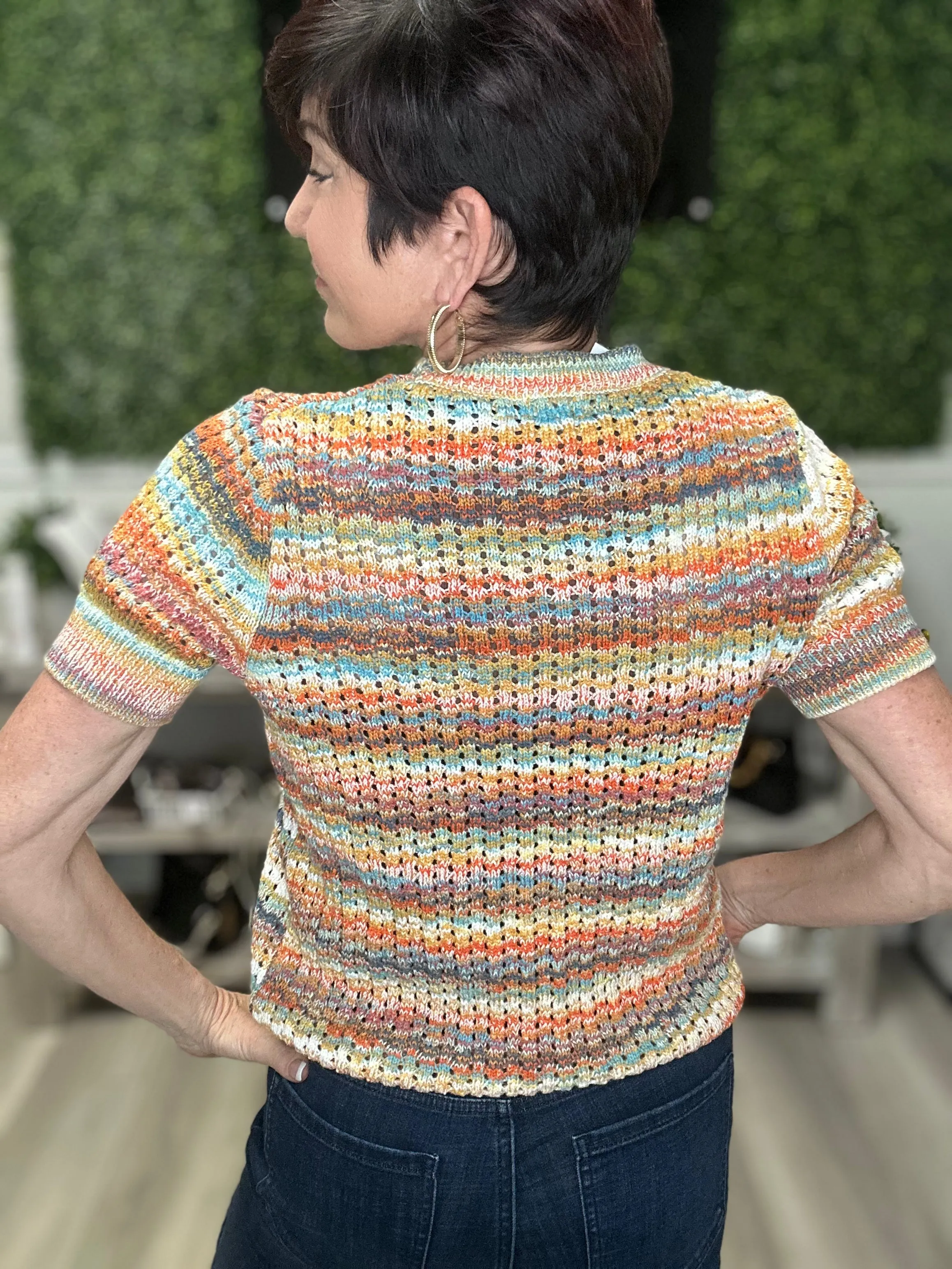 Space Dye Cable Crew Neck Short Sleeve Sweater