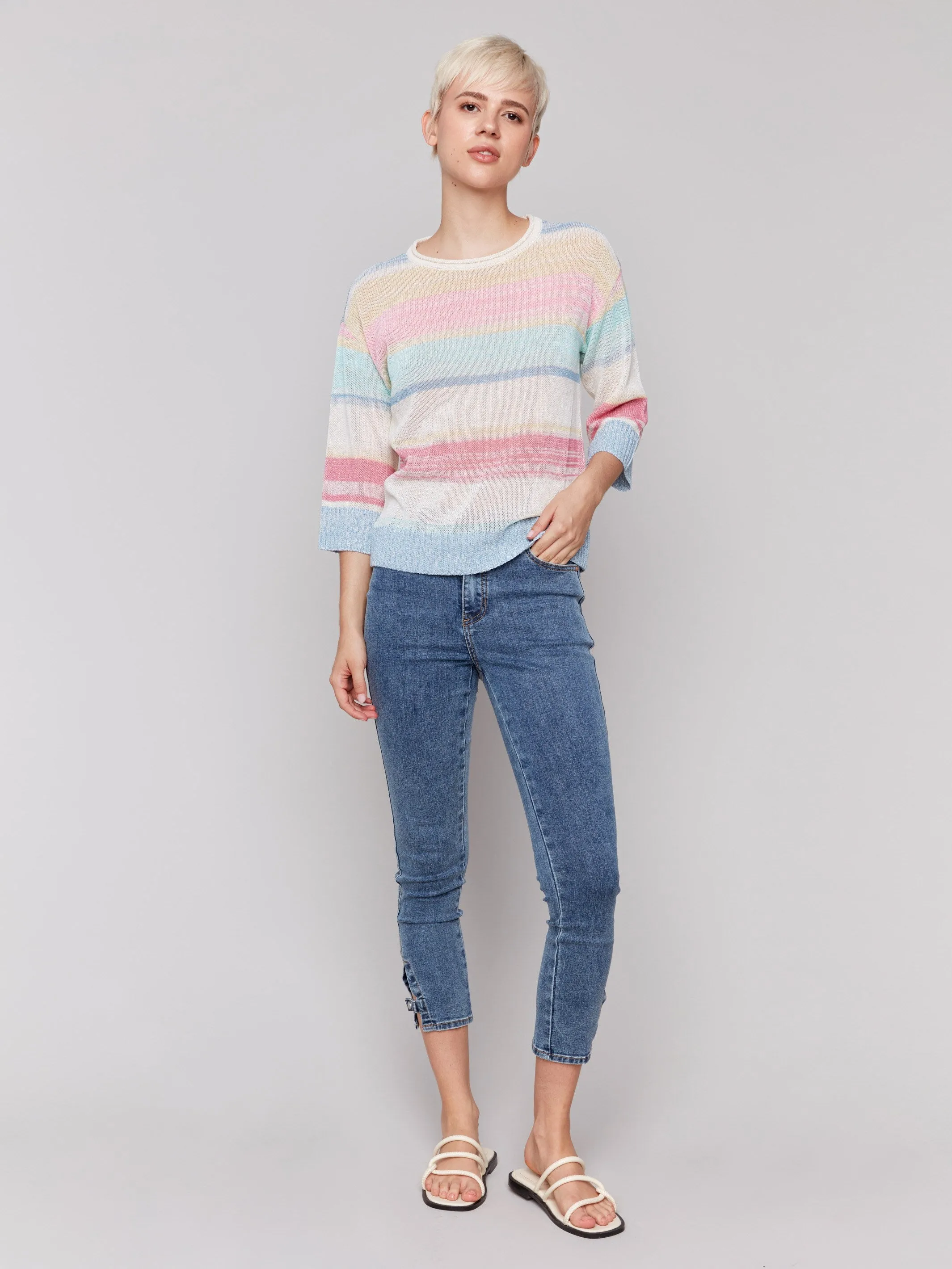 Striped 3/4 Sleeve Sweater - Pastel
