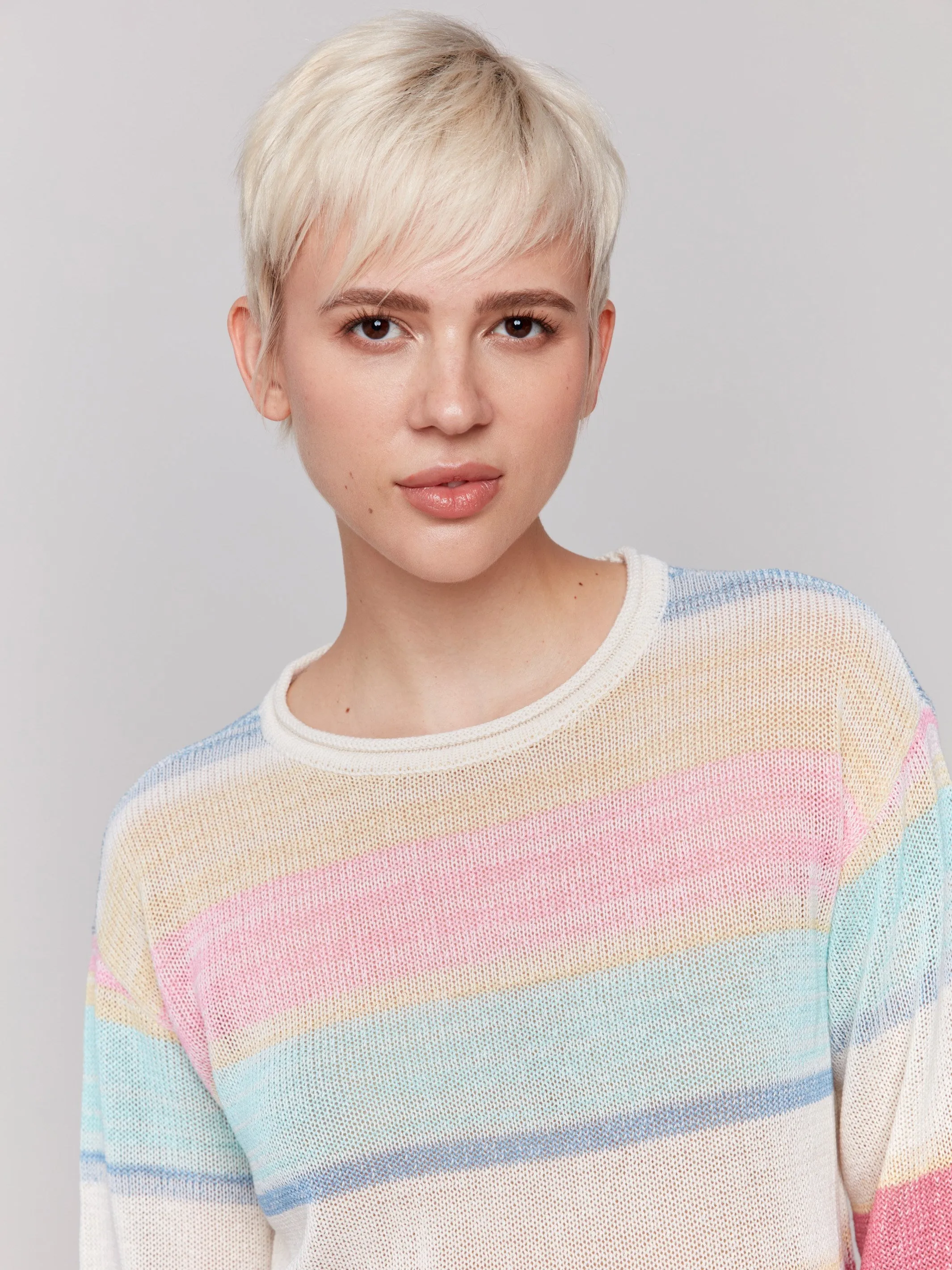 Striped 3/4 Sleeve Sweater - Pastel