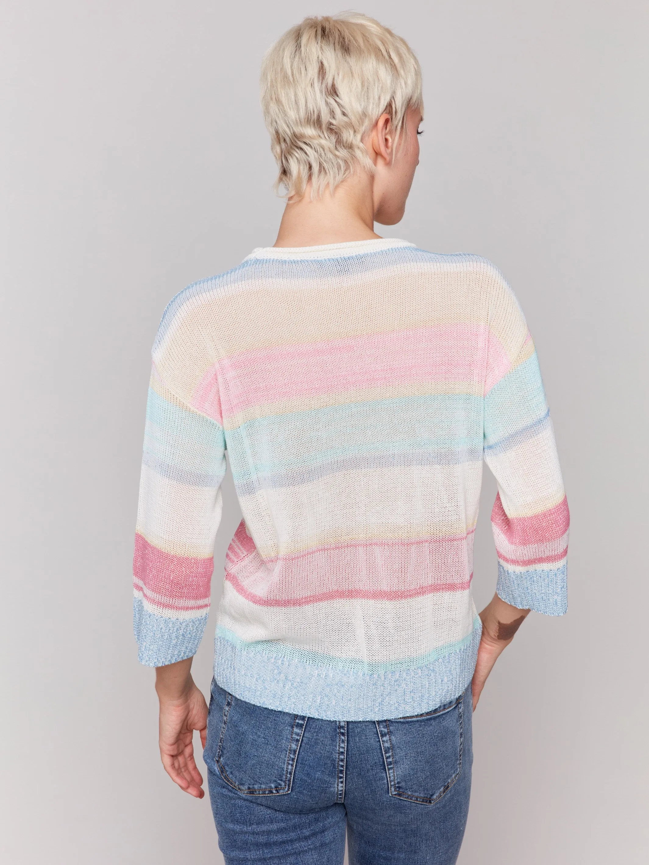 Striped 3/4 Sleeve Sweater - Pastel
