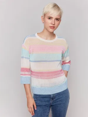 Striped 3/4 Sleeve Sweater - Pastel