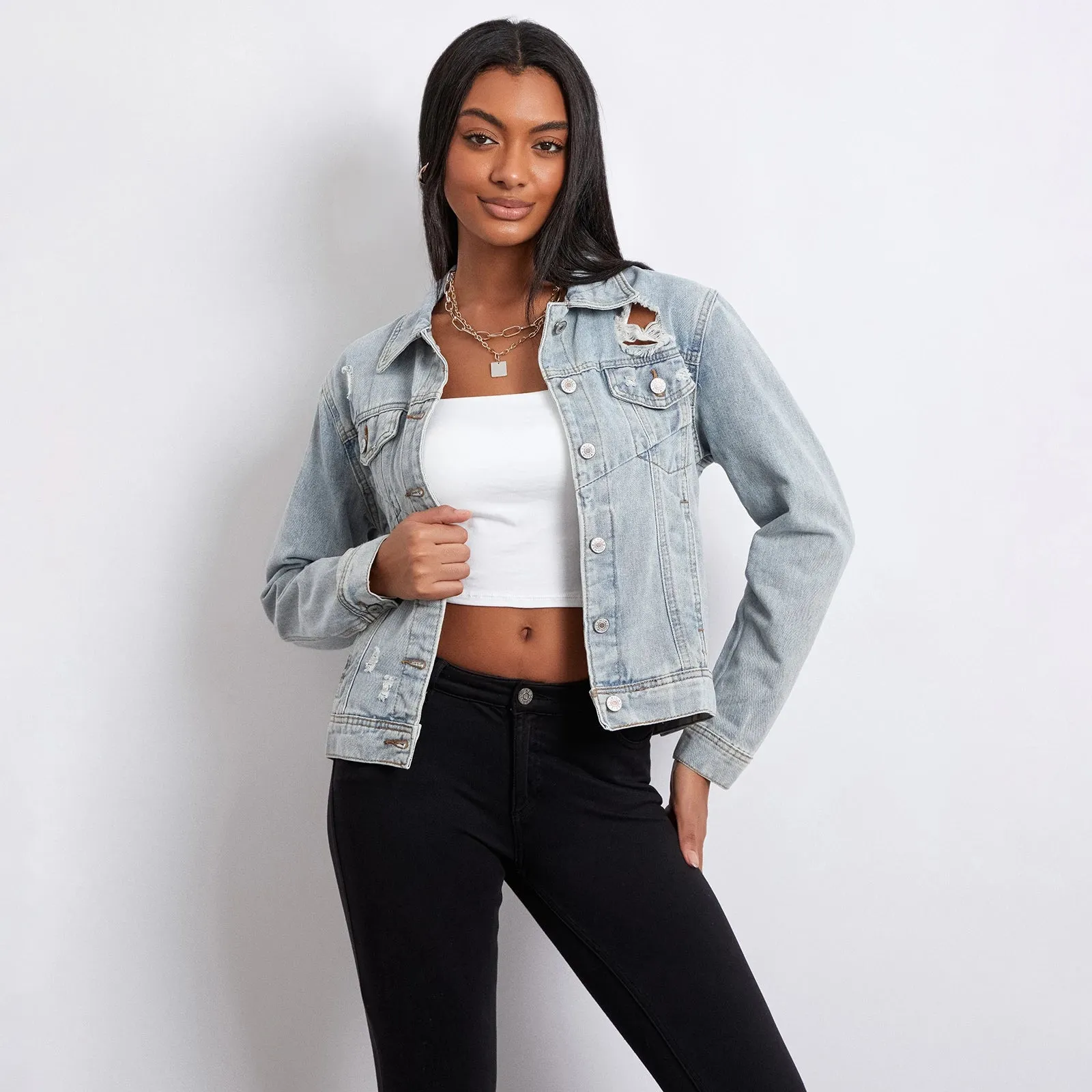 Stylish Holes Ripped Jacket Jacket
