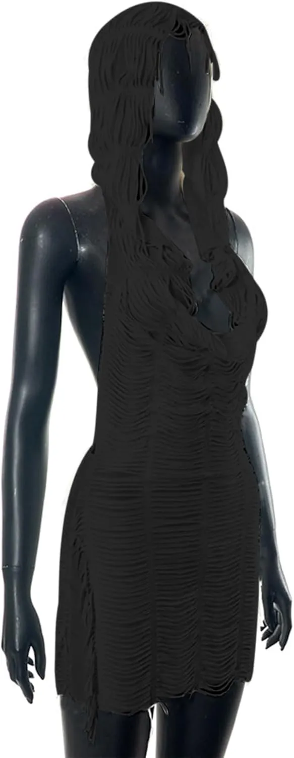 Suillty Women's Sleeveless Hooded Tassel Mini Dress Sexy Hoodie Backless Bodycon Cocktail Party Club Dresses