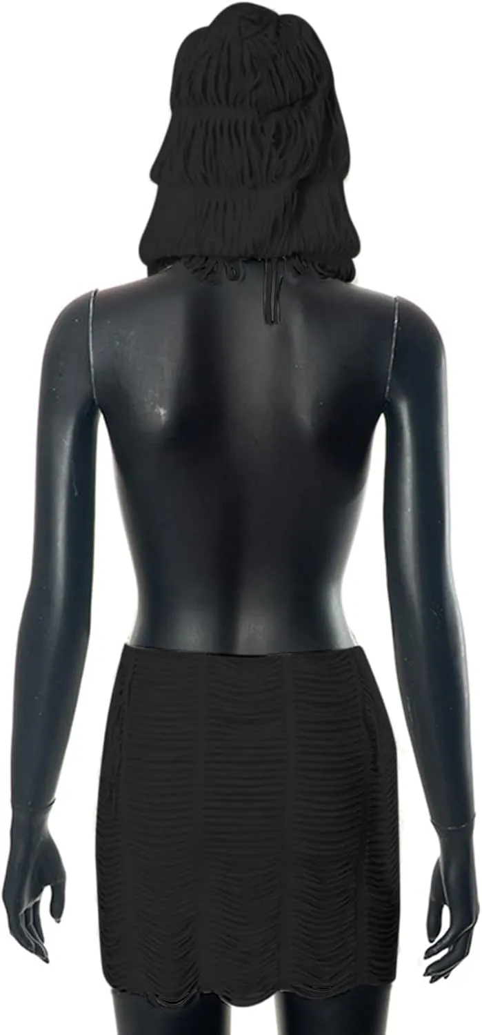 Suillty Women's Sleeveless Hooded Tassel Mini Dress Sexy Hoodie Backless Bodycon Cocktail Party Club Dresses