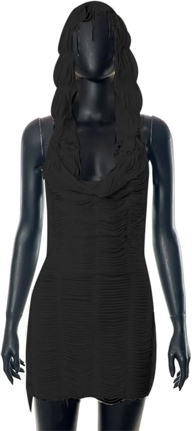 Suillty Women's Sleeveless Hooded Tassel Mini Dress Sexy Hoodie Backless Bodycon Cocktail Party Club Dresses