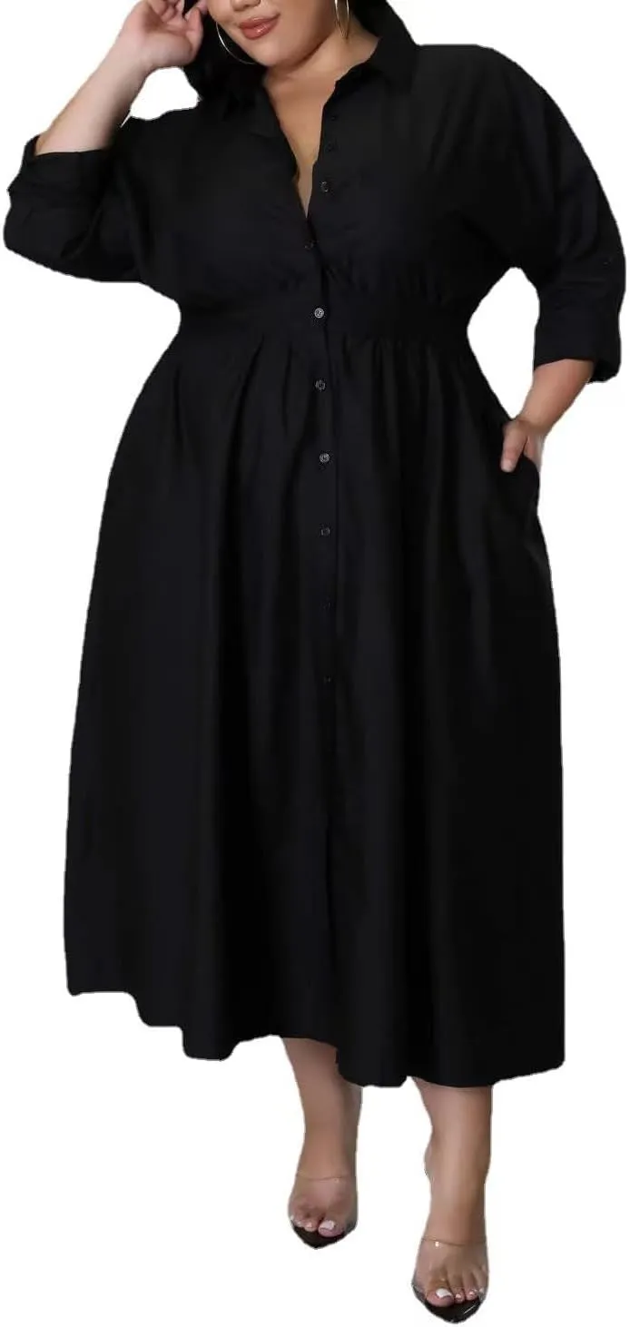 Sunlips Women's Sexy Plus Size Lapel Shirt Dresses Mesh See Through Puff Short Sleeve Flowy Swing Dress Clubwear