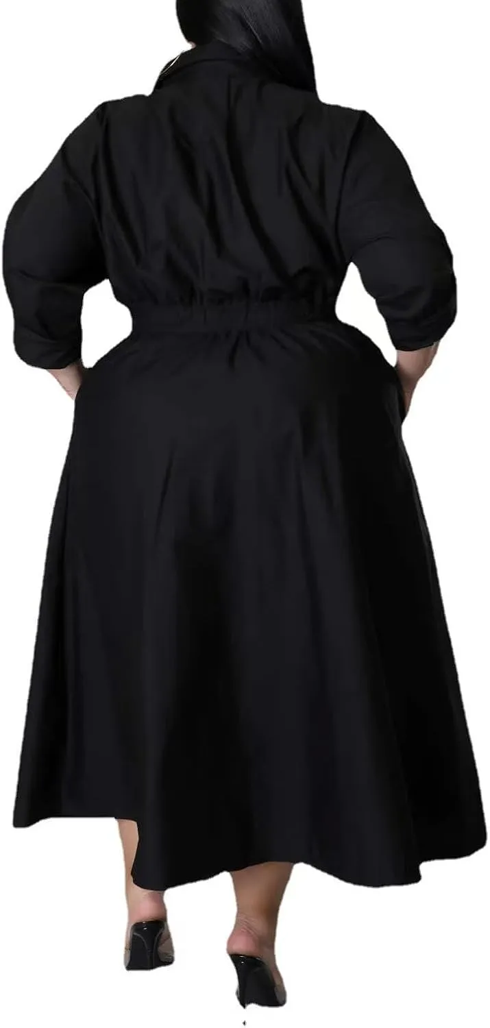 Sunlips Women's Sexy Plus Size Lapel Shirt Dresses Mesh See Through Puff Short Sleeve Flowy Swing Dress Clubwear