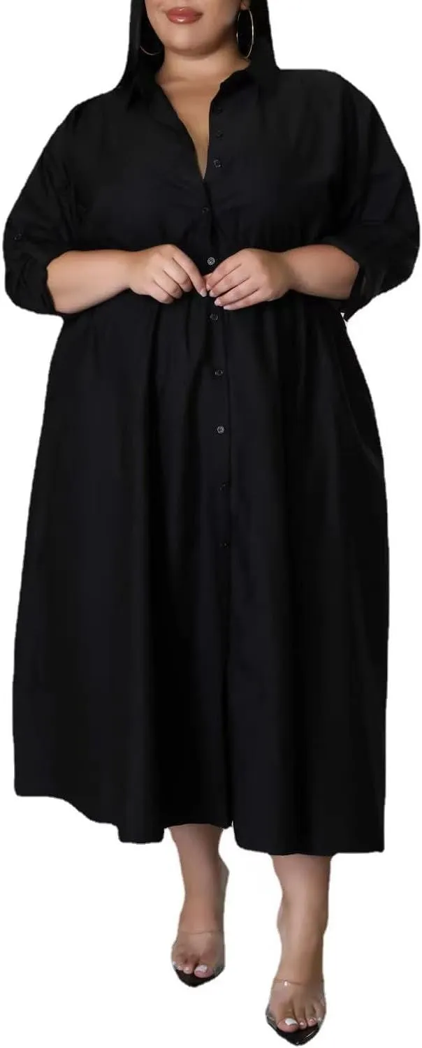 Sunlips Women's Sexy Plus Size Lapel Shirt Dresses Mesh See Through Puff Short Sleeve Flowy Swing Dress Clubwear