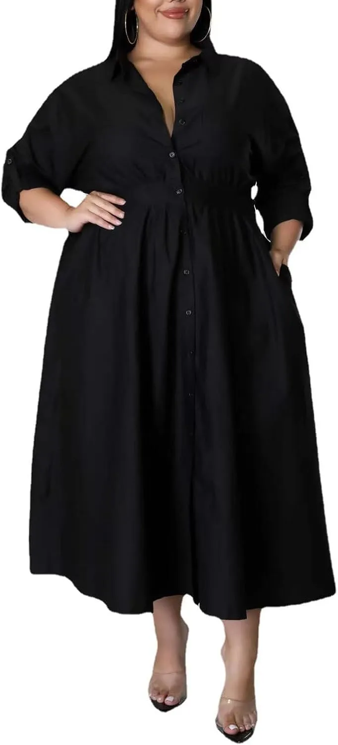 Sunlips Women's Sexy Plus Size Lapel Shirt Dresses Mesh See Through Puff Short Sleeve Flowy Swing Dress Clubwear