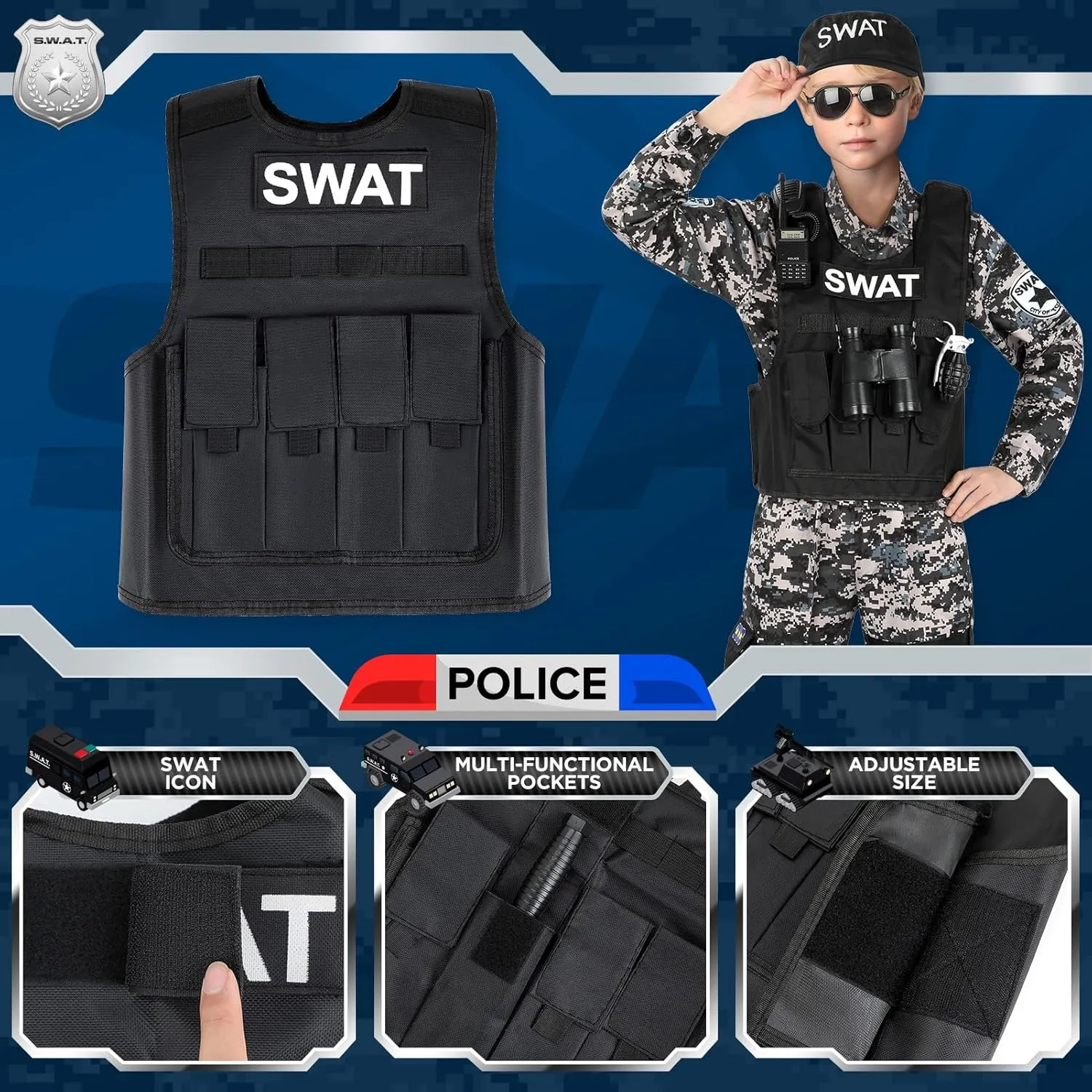 Swat Police Officer Costume for Kids, Police Costume for Kids with SWAT Costume, SWAT Vest, Halloween Costume for Boys, Role Play Kit for Boys Girls