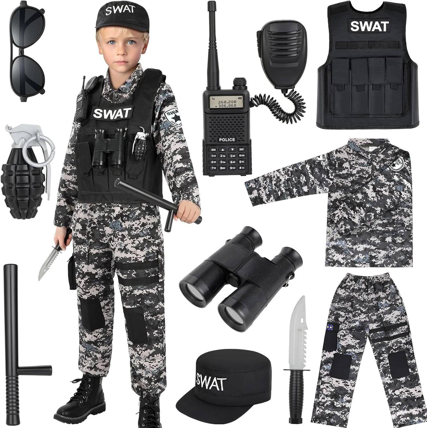 Swat Police Officer Costume for Kids, Police Costume for Kids with SWAT Costume, SWAT Vest, Halloween Costume for Boys, Role Play Kit for Boys Girls