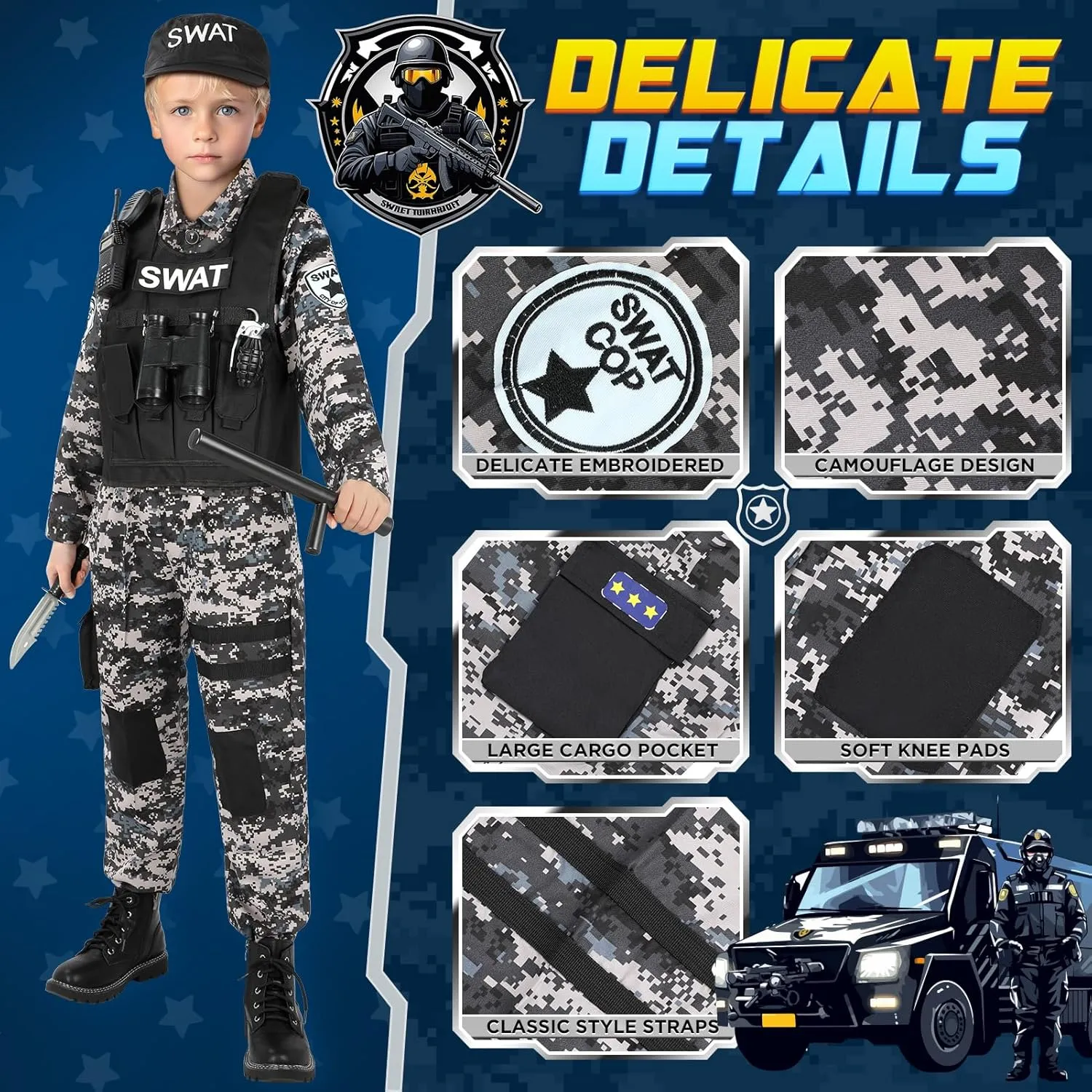 Swat Police Officer Costume for Kids, Police Costume for Kids with SWAT Costume, SWAT Vest, Halloween Costume for Boys, Role Play Kit for Boys Girls