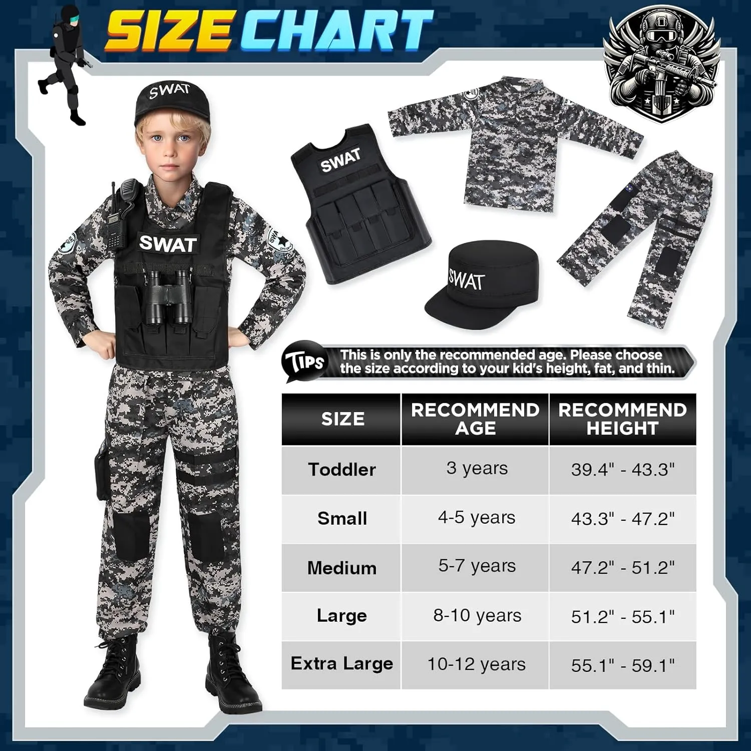 Swat Police Officer Costume for Kids, Police Costume for Kids with SWAT Costume, SWAT Vest, Halloween Costume for Boys, Role Play Kit for Boys Girls