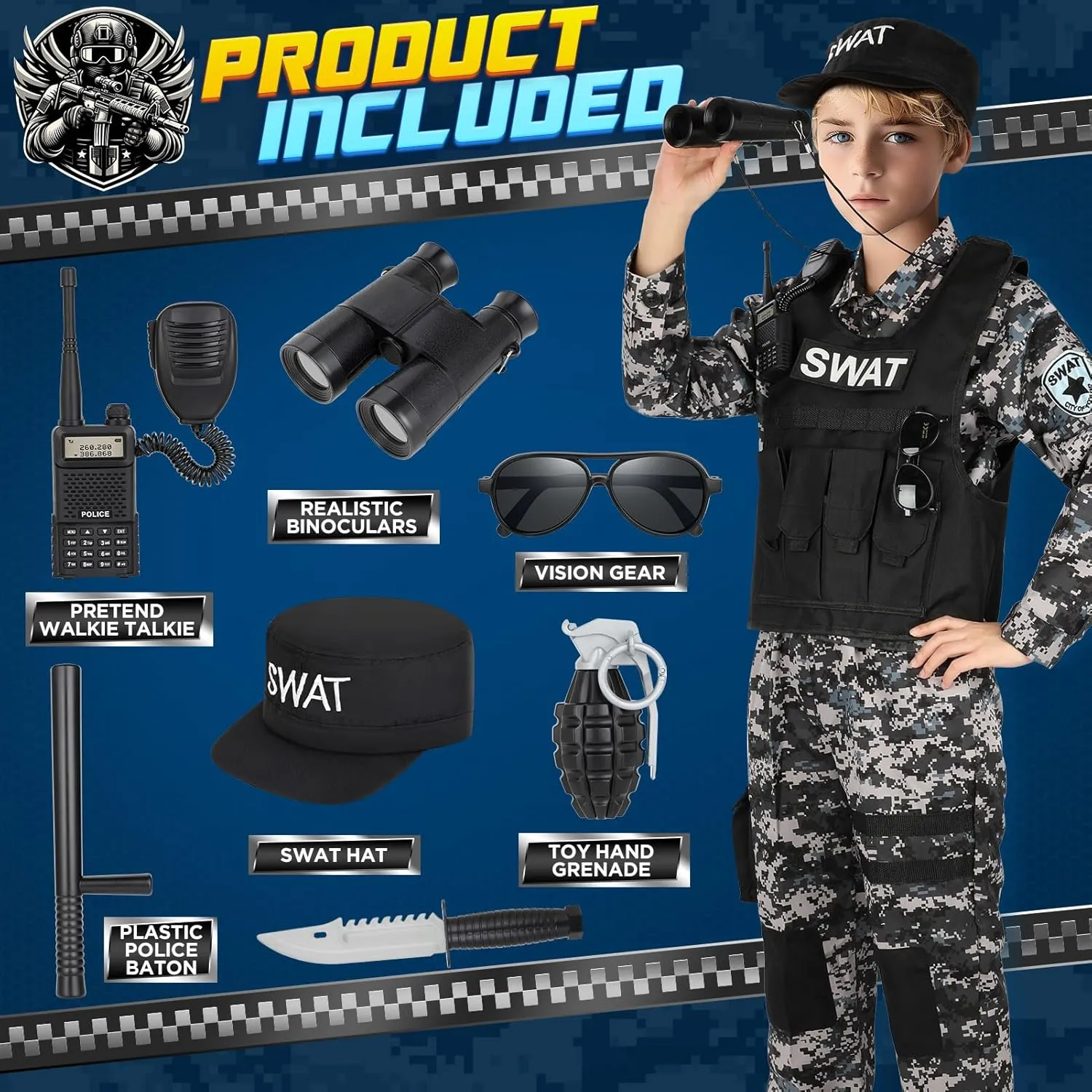Swat Police Officer Costume for Kids, Police Costume for Kids with SWAT Costume, SWAT Vest, Halloween Costume for Boys, Role Play Kit for Boys Girls