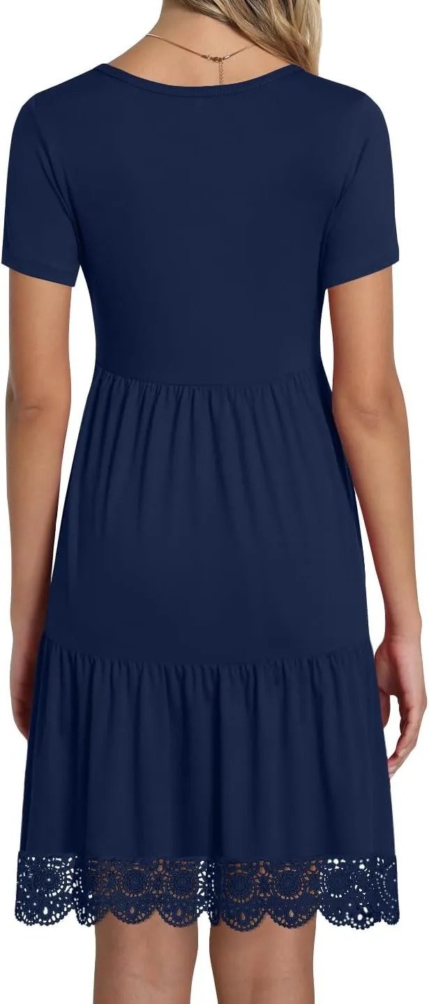 TAOHUADAO Women's Summer Casual Tshirt Dresses Short Sleeve Ruffle Swing Lace Hem Dress with Pockets