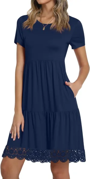 TAOHUADAO Women's Summer Casual Tshirt Dresses Short Sleeve Ruffle Swing Lace Hem Dress with Pockets