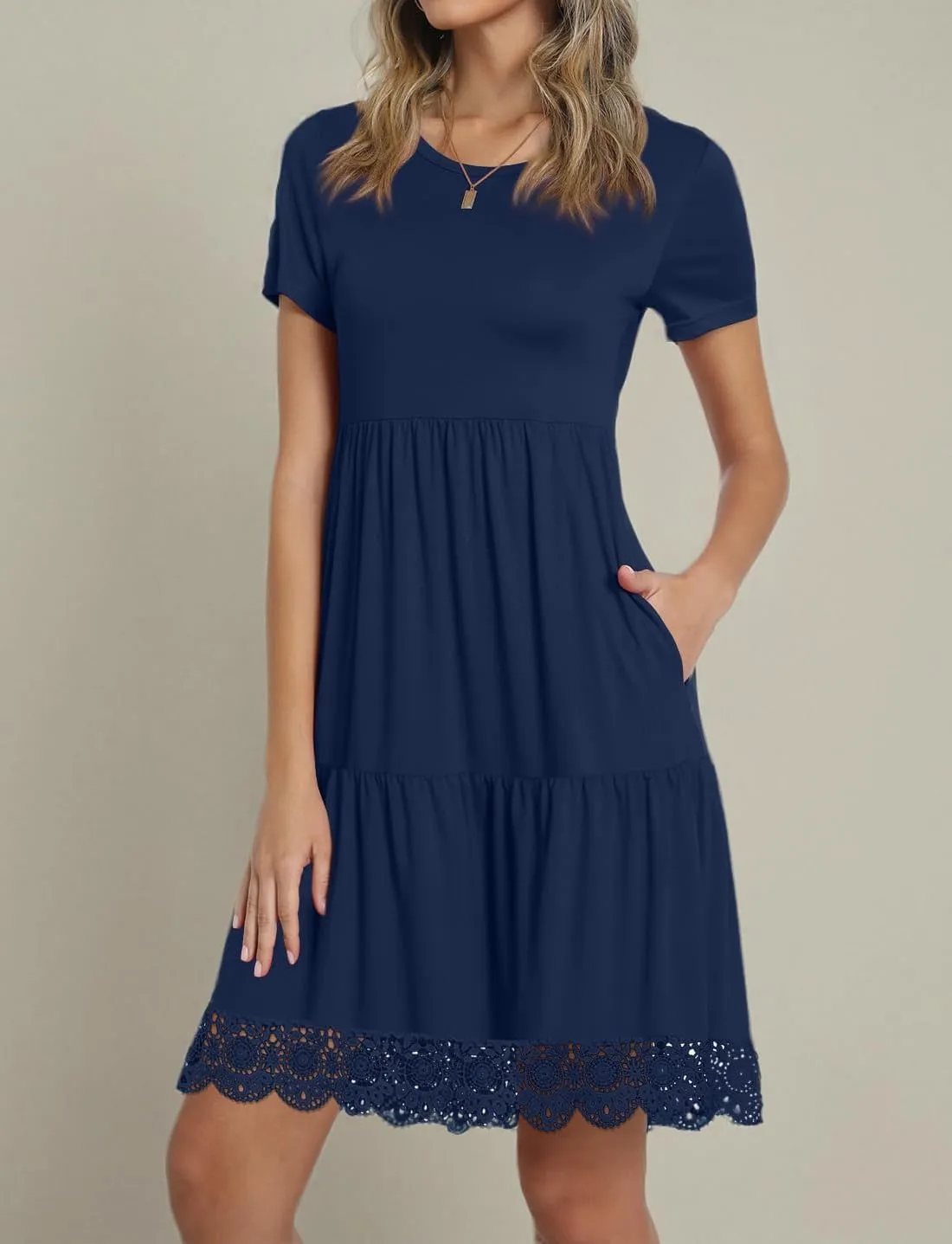 TAOHUADAO Women's Summer Casual Tshirt Dresses Short Sleeve Ruffle Swing Lace Hem Dress with Pockets