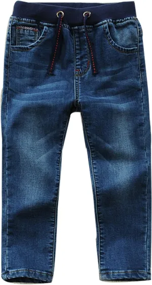 Toddler Kid Boy Elastic Mid Waist Washed Full Length Straight Pants Denim Jeans