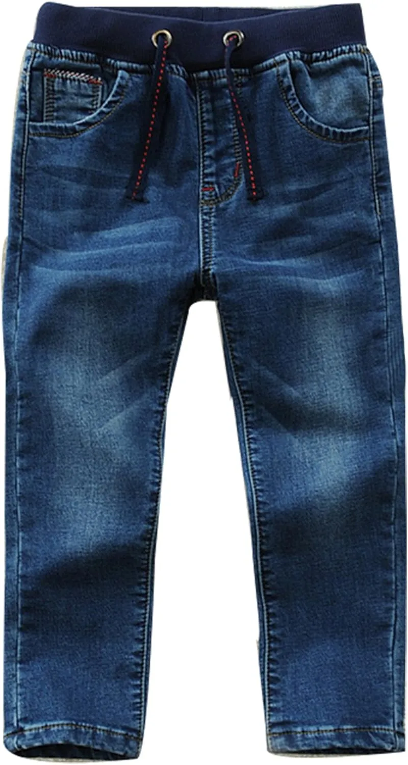 Toddler Kid Boy Elastic Mid Waist Washed Full Length Straight Pants Denim Jeans