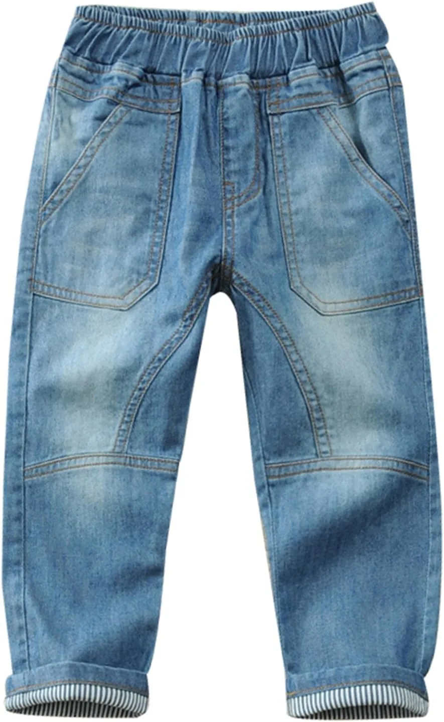 Toddler Kid Boy Elastic Mid Waist Washed Full Length Straight Pants Denim Jeans
