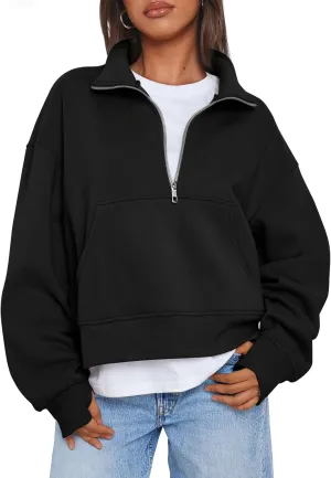 Trendy Queen Womens Sweatshirts Quarter Zip Pullover Oversized Cropped Sweater Fall Winter Hoodies