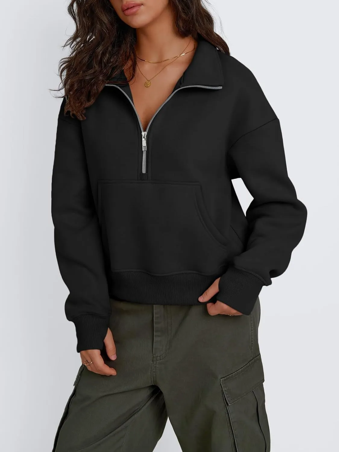 Trendy Queen Womens Sweatshirts Quarter Zip Pullover Oversized Cropped Sweater Fall Winter Hoodies