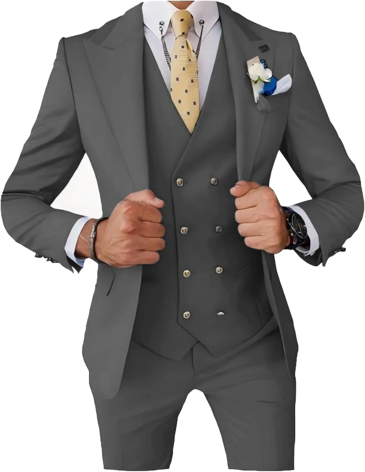 UNINUKOO Mens 3 Piece Tuxedo Suit Set Wedding Dress Prom Suits for Men Solid Color Blazer Men Double Breasted Vest Pantsuit