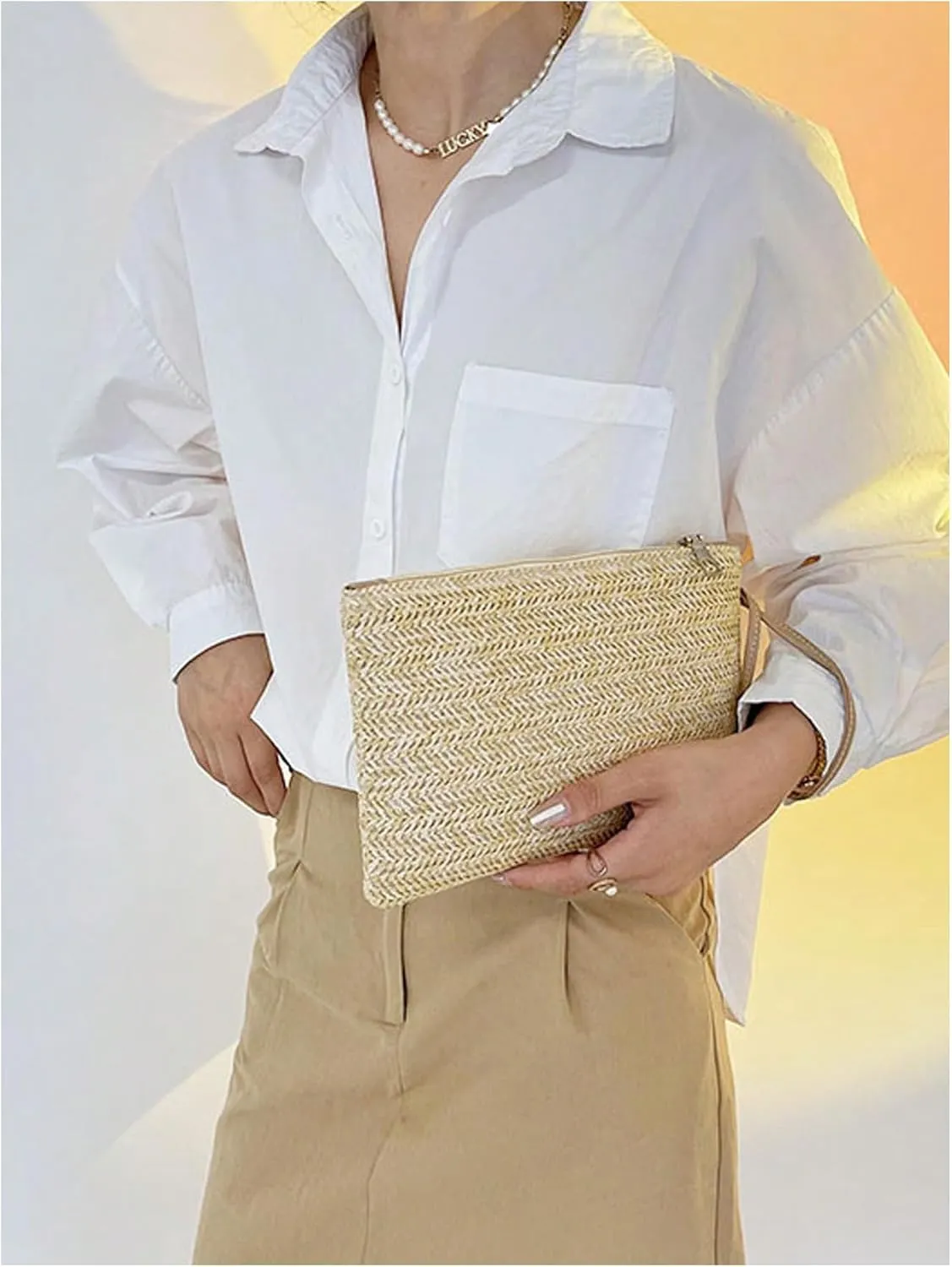 Verdusa Women's Straw Clutch Purses Summer Beach Bags Woven Wristlet Handbags
