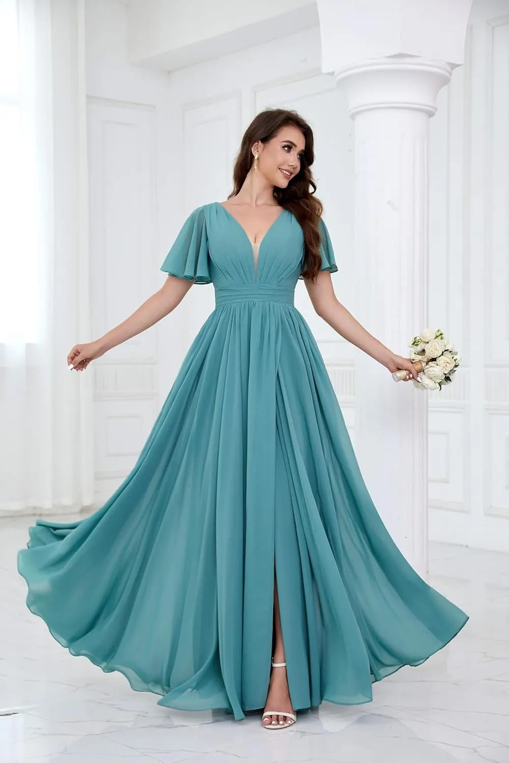 VGZ Chiffon Bridesmaid Dresses with Sleeves V Neck Long Pleated Formal Evening Gown with Slit