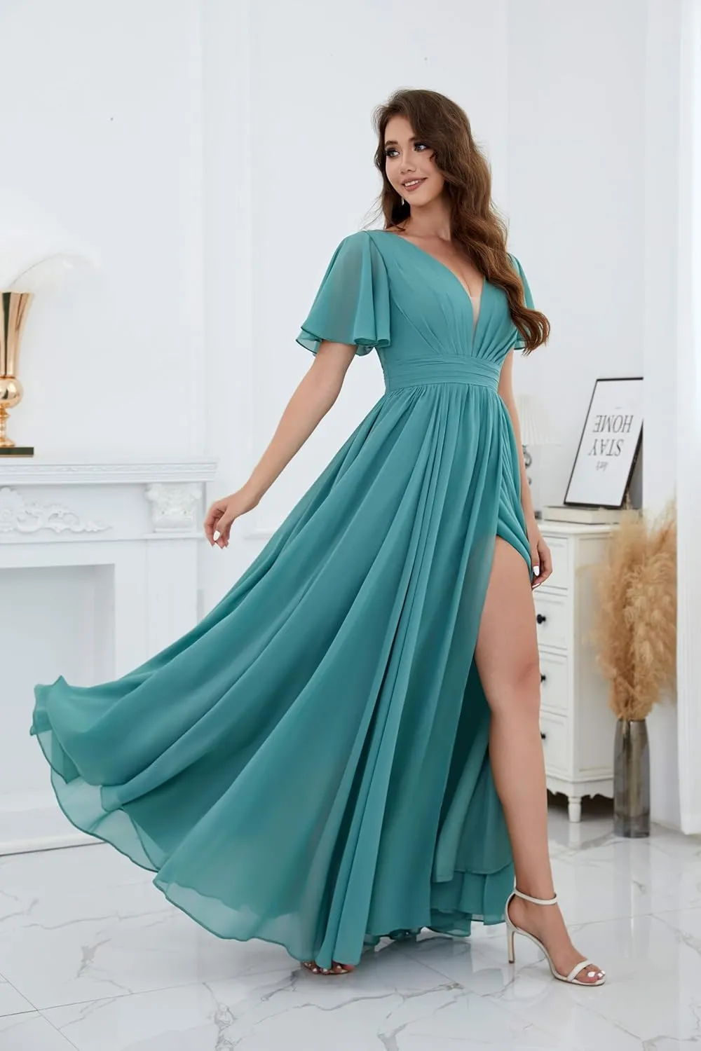 VGZ Chiffon Bridesmaid Dresses with Sleeves V Neck Long Pleated Formal Evening Gown with Slit