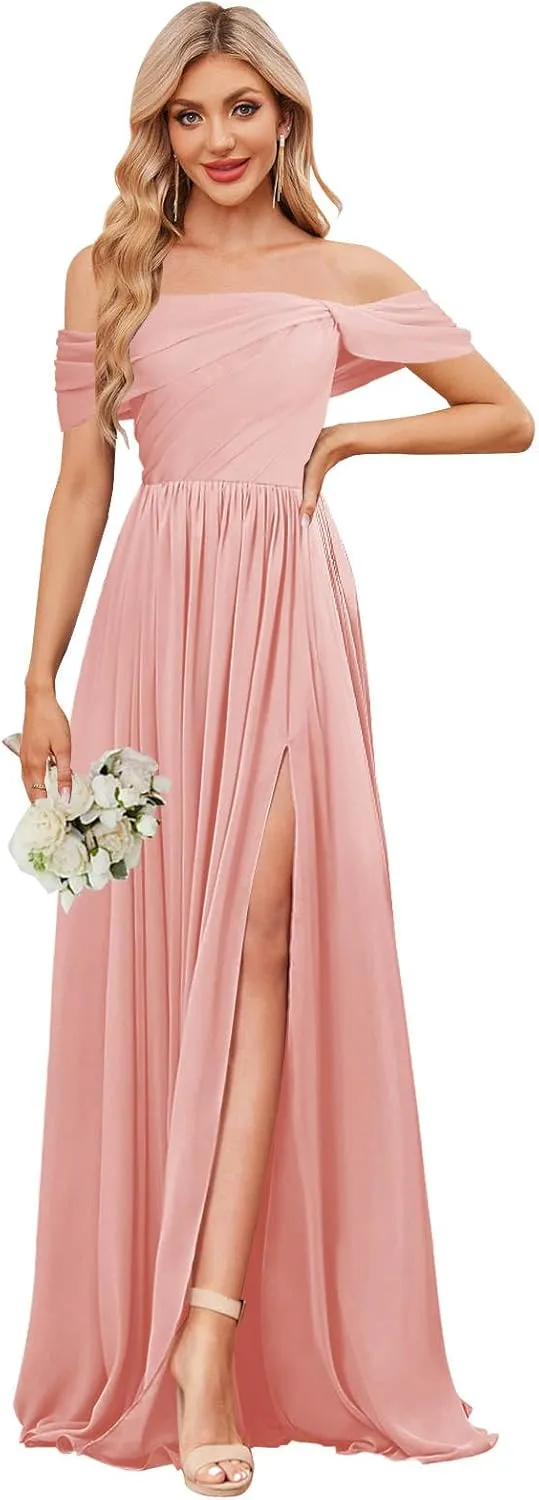 VGZ Off The Shoulder Bridesmaid Dresses Chiffon Long Pleated Formal Evening Gown with Slit
