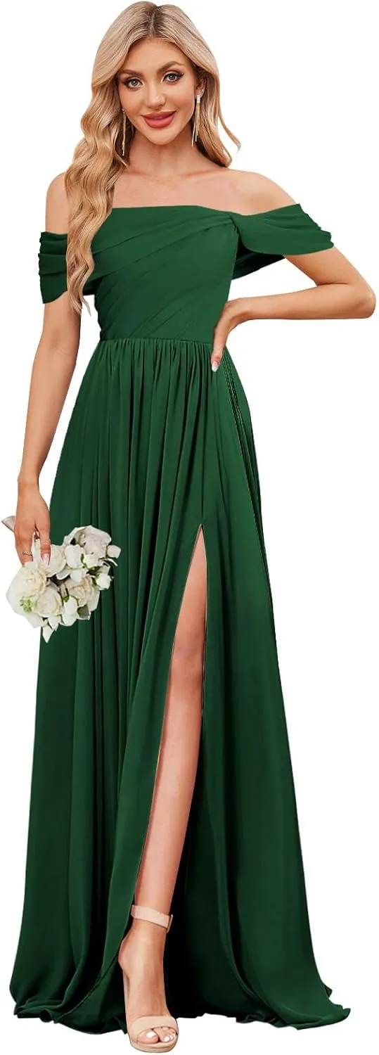 VGZ Off The Shoulder Bridesmaid Dresses Chiffon Long Pleated Formal Evening Gown with Slit