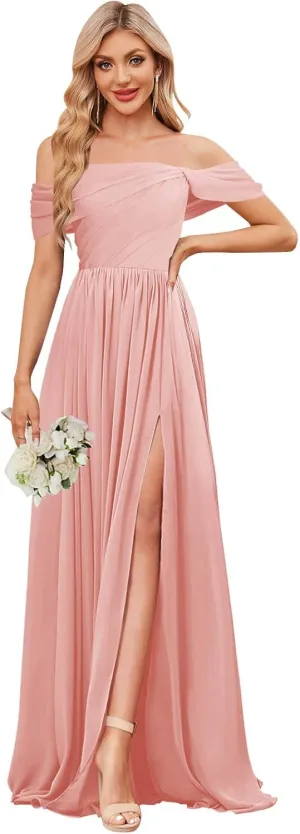 VGZ Off The Shoulder Bridesmaid Dresses Chiffon Long Pleated Formal Evening Gown with Slit