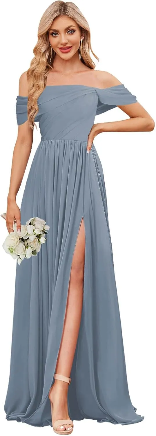 VGZ Off The Shoulder Bridesmaid Dresses Chiffon Long Pleated Formal Evening Gown with Slit