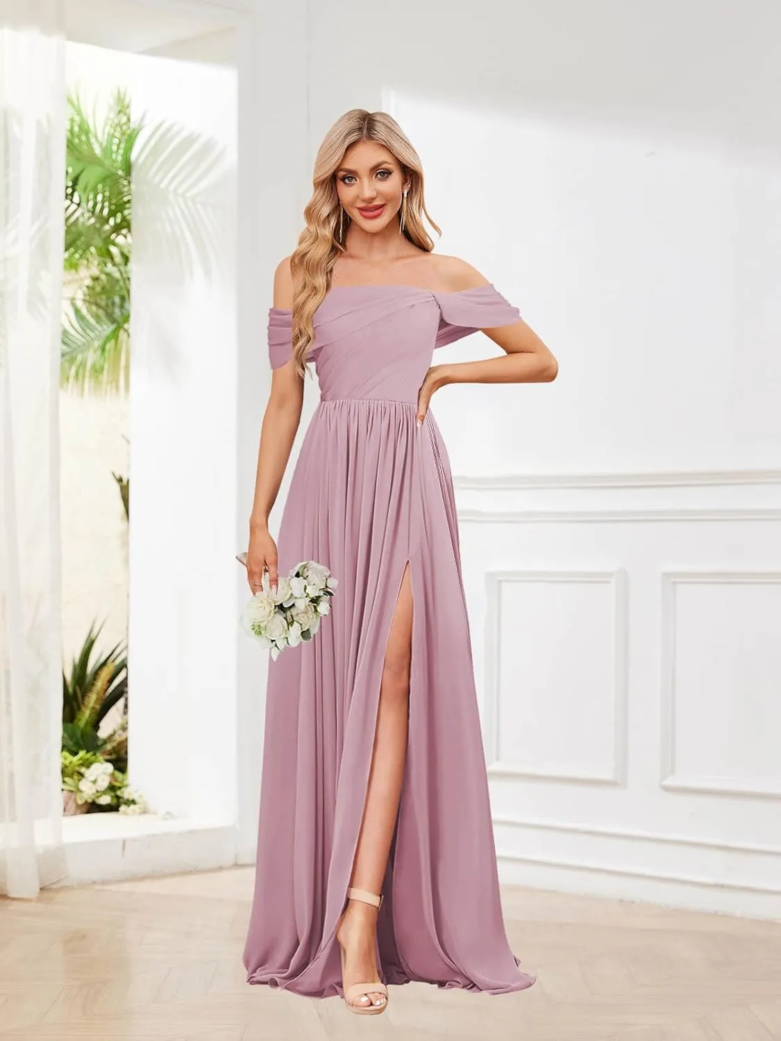 VGZ Off The Shoulder Bridesmaid Dresses Chiffon Long Pleated Formal Evening Gown with Slit