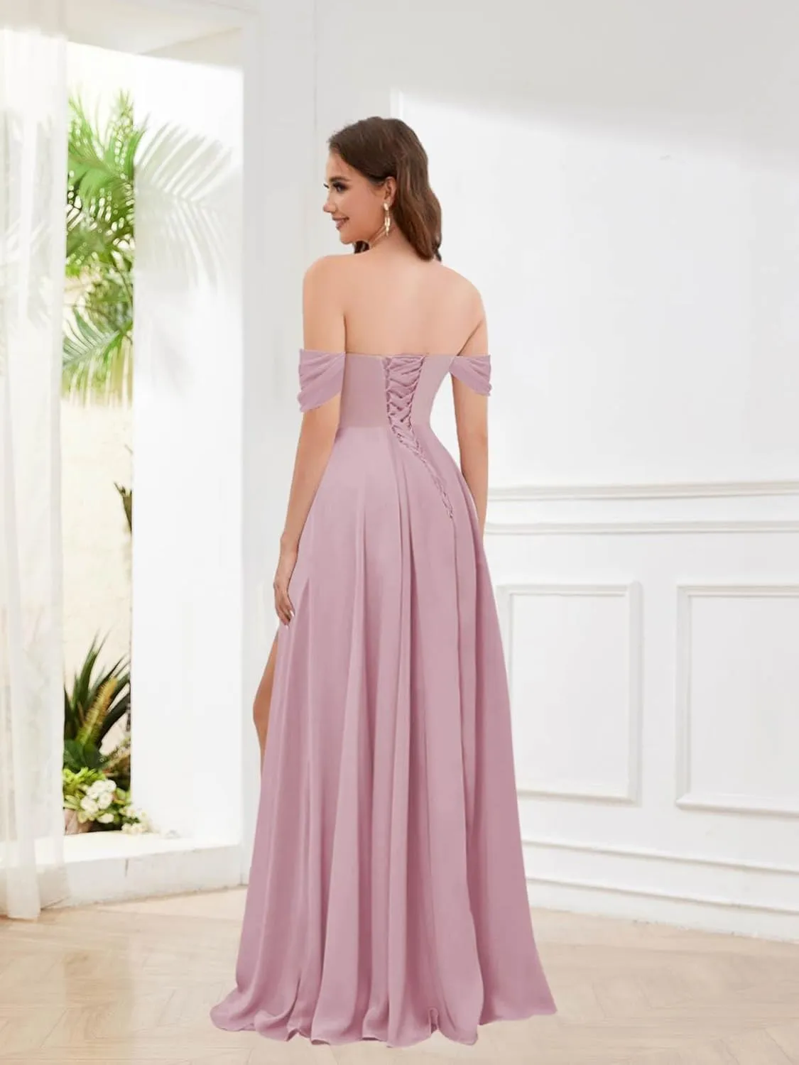 VGZ Off The Shoulder Bridesmaid Dresses Chiffon Long Pleated Formal Evening Gown with Slit