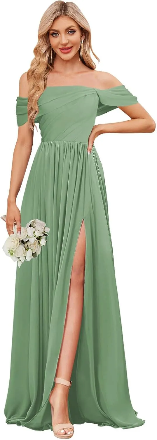 VGZ Off The Shoulder Bridesmaid Dresses Chiffon Long Pleated Formal Evening Gown with Slit