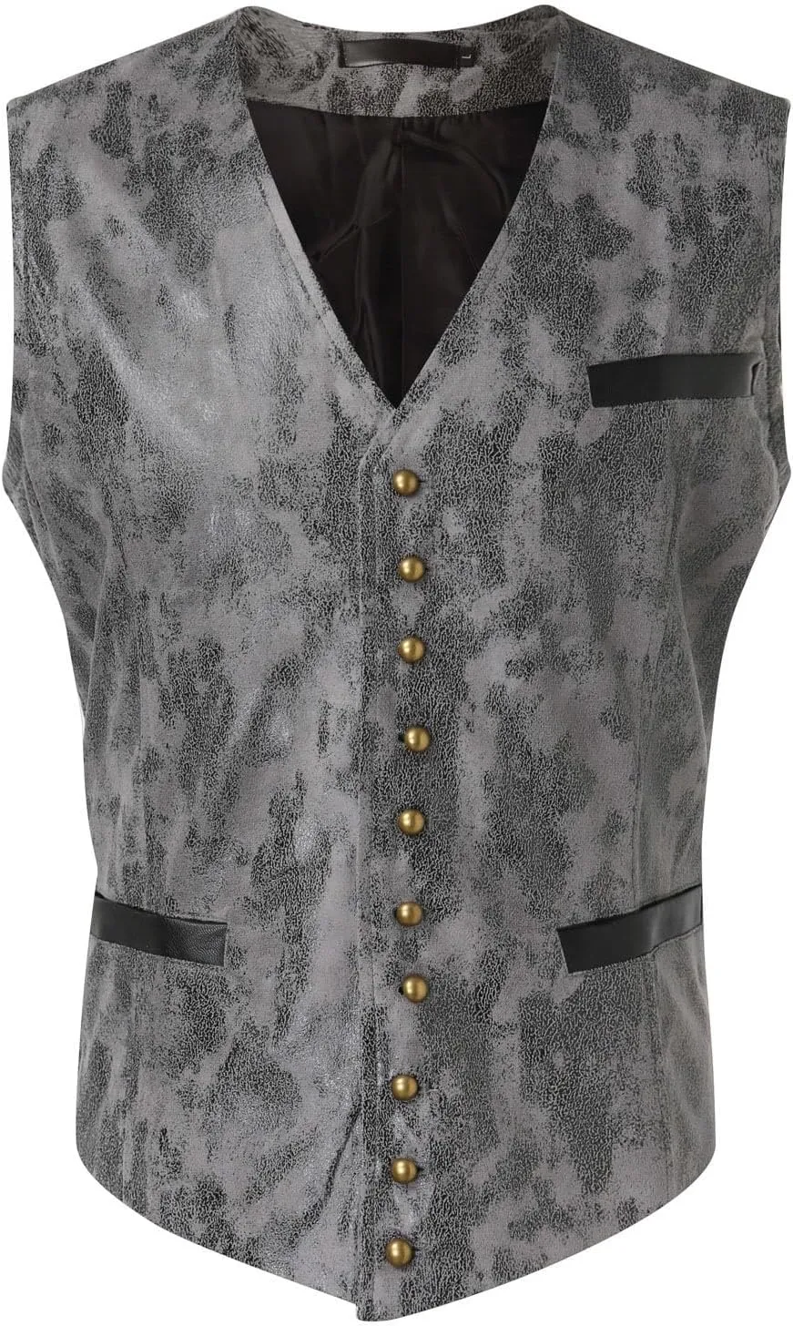 Vintage Leather Vest for Men Casual V Neck Button Down Waistcoat Slim Fit Western Cowboy Vest Sleeveless Jacket Winter