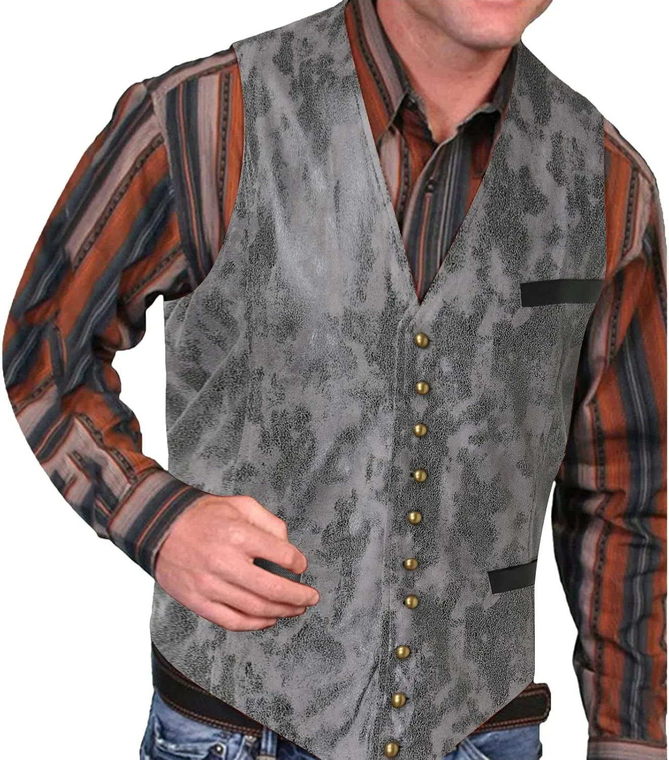 Vintage Leather Vest for Men Casual V Neck Button Down Waistcoat Slim Fit Western Cowboy Vest Sleeveless Jacket Winter