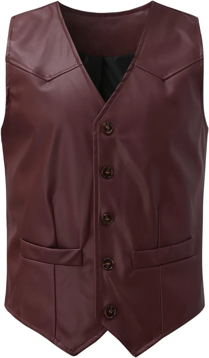 Vintage Leather Vest for Men Casual V Neck Button Down Waistcoat Slim Fit Western Cowboy Vest Sleeveless Jacket Winter