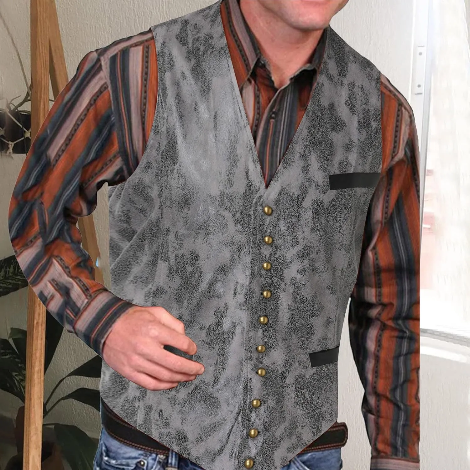 Vintage Leather Vest for Men Casual V Neck Button Down Waistcoat Slim Fit Western Cowboy Vest Sleeveless Jacket Winter
