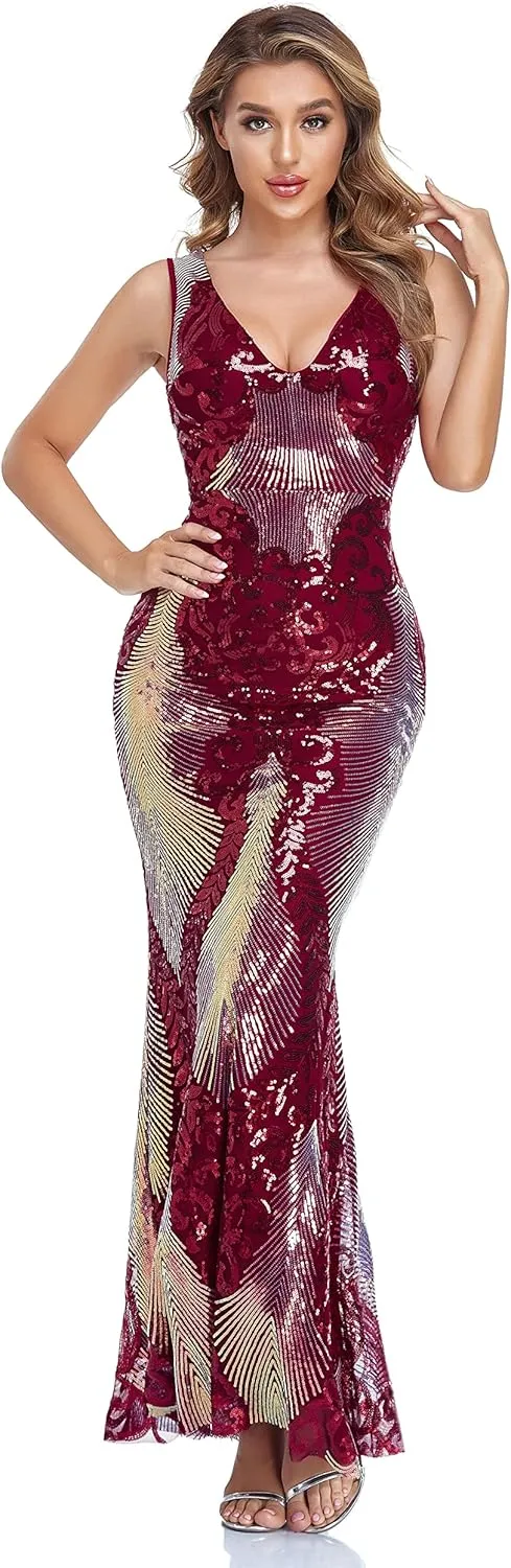 VK Selec Women's V Neck Evening Dress Party Elegant Tight-Fitting Long Dress Sequins Formal Prom Dress