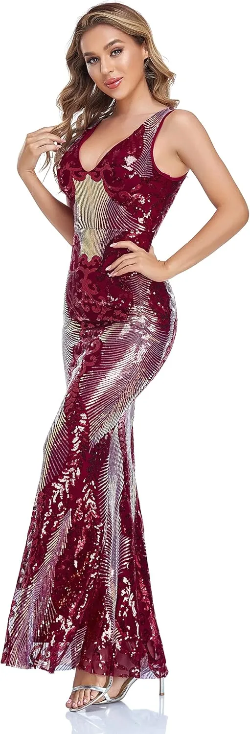 VK Selec Women's V Neck Evening Dress Party Elegant Tight-Fitting Long Dress Sequins Formal Prom Dress