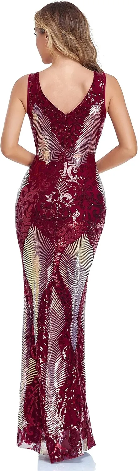 VK Selec Women's V Neck Evening Dress Party Elegant Tight-Fitting Long Dress Sequins Formal Prom Dress