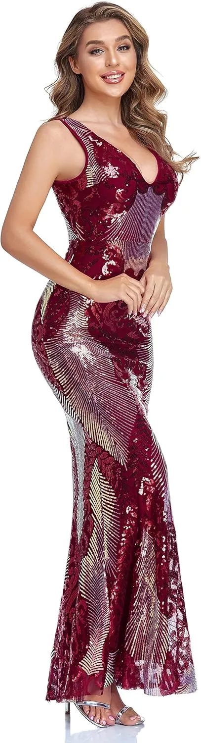 VK Selec Women's V Neck Evening Dress Party Elegant Tight-Fitting Long Dress Sequins Formal Prom Dress
