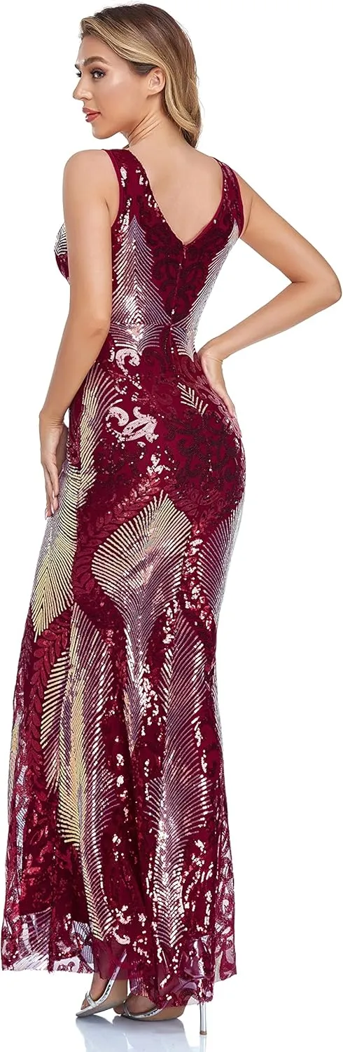 VK Selec Women's V Neck Evening Dress Party Elegant Tight-Fitting Long Dress Sequins Formal Prom Dress