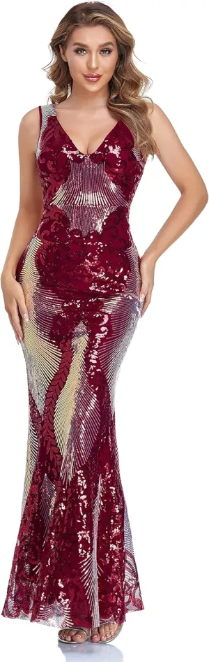 VK Selec Women's V Neck Evening Dress Party Elegant Tight-Fitting Long Dress Sequins Formal Prom Dress